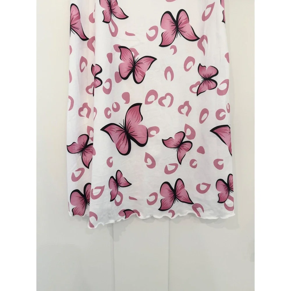 Pink Butterfly Print Nightgown Dress Black Trim Lettuce Hem Sleepwear Medium